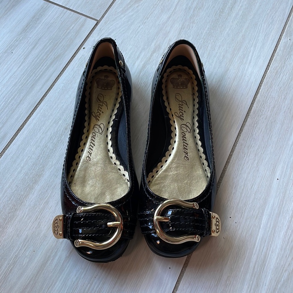 Juicy Couture Black Patent Gold Buckle Flat